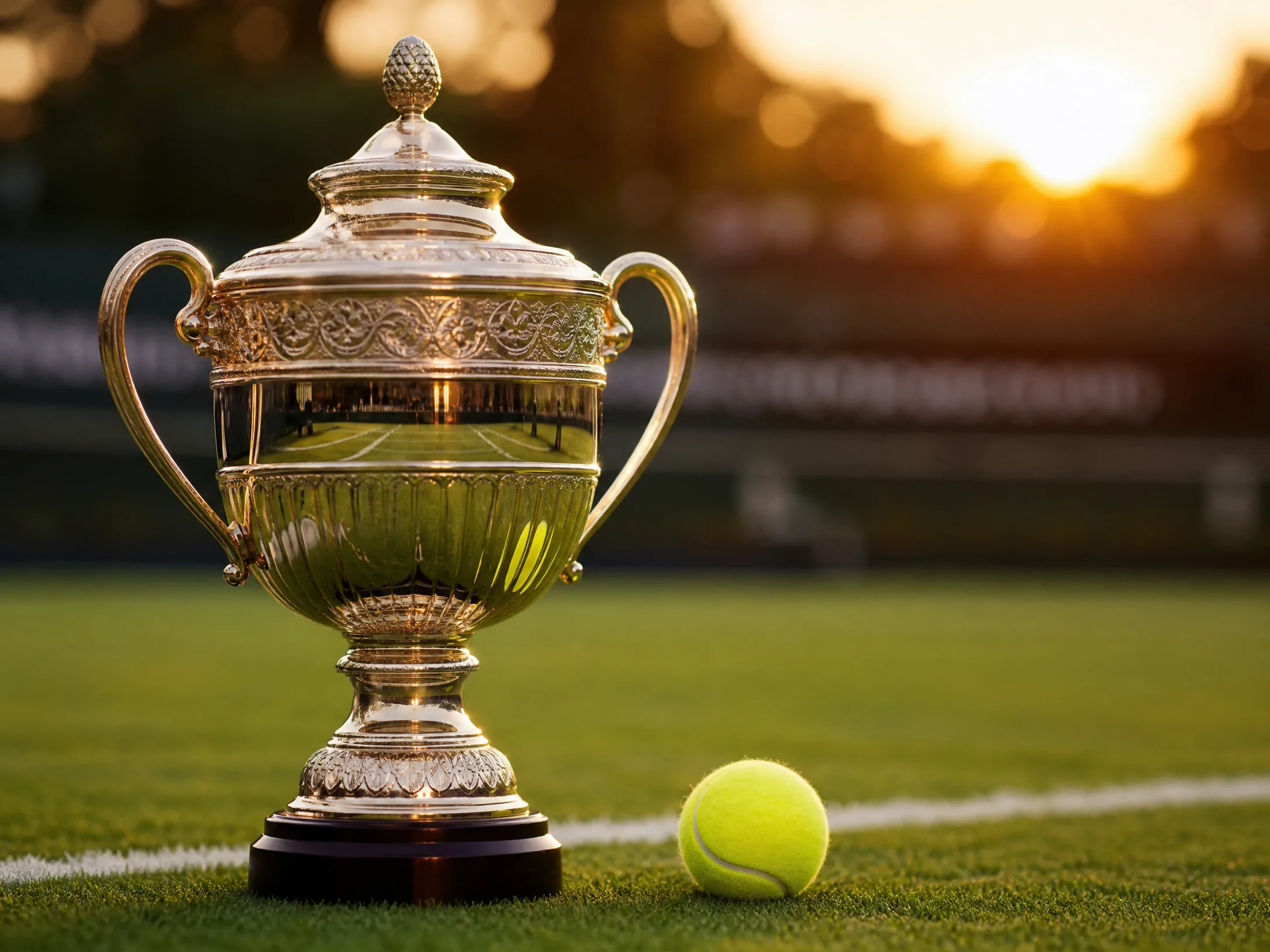 夕阳草地球场上闪耀的网球冠军奖杯与一颗网球